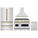 ZLINE 4-Piece Appliance Package - 48-Inch Dual Fuel Range, Hood, Refrigerator, and Dishwasher in Stainless Steel with Gold Accents