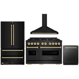 ZLINE 4-Piece Appliance Package - 48-Inch Gas Range, Hood, Refrigerator, and Dishwasher in Black Stainless Steel with Gold Accents