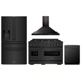 ZLINE 4-Piece Appliance Package - 48-Inch Dual Fuel Range, Hood, Refrigerator with Water Dispenser, and Dishwasher in Black Stainless Steel