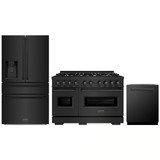 ZLINE 3-Piece Appliance Package - 48-Inch Dual Fuel Range, Refrigerator with Water Dispenser, and Dishwasher in Black Stainless Steel