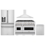 ZLINE 4-Piece Appliance Package - 48-Inch Dual Fuel Range, Hood, Refrigerator with Water Dispenser, and Dishwasher in Stainless Steel