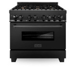 ZLINE 4-Piece Appliance Package - 36-inch Dual Fuel Range with Brass Burners, Dishwasher, Microwave Drawer & Convertible Wall Mount Hood in Black Stainless Steel (4KP-RABRH36-MWDW)