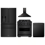 ZLINE 4-Piece Appliance Package - 30-Inch Gas Range, Hood, Refrigerator with Water Dispenser, and Dishwasher in Black Stainless Steel
