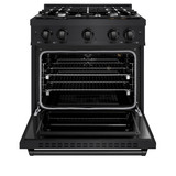 ZLINE 4-Piece Appliance Package - 30-Inch Gas Range, Hood, Refrigerator with Water Dispenser, and Dishwasher in Black Stainless Steel