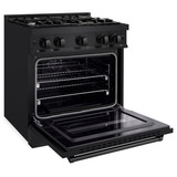 ZLINE 4-Piece Appliance Package - 30-Inch Gas Range, Hood, Refrigerator with Water Dispenser, and Dishwasher in Black Stainless Steel