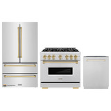 ZLINE 3-Piece Appliance Package - 36-Inch Gas Range, Refrigerator, and Dishwasher in Stainless Steel with Gold Accents