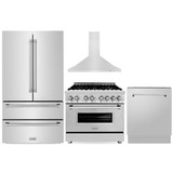 ZLINE 4-Piece Appliance Package - 36-Inch Dual Fuel Range, Refrigerator, Convertible Wall Mount Hood, and 3-Rack Dishwasher in Stainless Steel (4KPR-RARH36-DWV)