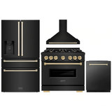 ZLINE 4-Piece Appliance Package - 36-Inch Dual Fuel Range, Hood, Refrigerator with Water Dispenser, and Dishwasher in Black Stainless Steel with Gold Accents