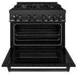 ZLINE 4-Piece Appliance Package - 36-Inch Dual Fuel Range with Brass Burners, Refrigerator, Microwave Oven, and 3-Rack Dishwasher in Black Stainless Steel