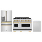 ZLINE 3-Piece Appliance Package - 48-Inch Gas Range, Refrigerator with Water Dispenser, and Dishwasher in Stainless Steel with Gold Accents