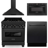 ZLINE Appliance Package - 30-Inch Dual Fuel Range with Brass Burners, Hood, Microwave Drawer, Dishwasher in Black Stainless Steel (4KP-RABRH30-MWDWV)