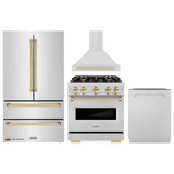 ZLINE 4-Piece Appliance Package - 30-Inch Gas Range, Hood, Refrigerator, and Dishwasher in Stainless Steel with Gold Accents