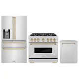 ZLINE 3-Piece Appliance Package - 36-Inch Dual Fuel Range, Refrigerator with Water Dispenser, and Dishwasher in Stainless Steel with Champagne Bronze Accents
