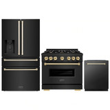 ZLINE 3-Piece Appliance Package - 36-Inch Gas Range, Refrigerator with Water Dispenser, and Dishwasher in Black Stainless Steel with Gold Accents