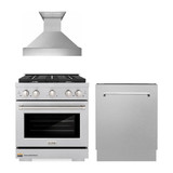 ZLINE 3-Piece Appliance Package - 30-inch Gas Range, Tall Tub Dishwasher & Premium Wall Mount Hood in Satin Stainless Steel (3KP-SGRSRH30-DWV)