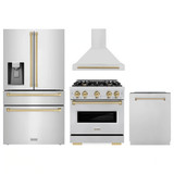 ZLINE 4-Piece Appliance Package - 30-Inch Dual Fuel Range, Hood, Refrigerator with Water Dispenser, and Dishwasher in Stainless Steel with Champagne Bronze Accents