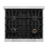 ZLINE 4-Piece Appliance Package - 30-Inch Dual Fuel Range, Hood, Refrigerator with Water Dispenser, and Dishwasher in Stainless Steel with Champagne Bronze Accents