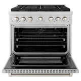 ZLINE 4-Piece Appliance Package - 36-Inch Gas Range, Refrigerator with Water Dispenser, Convertible Wall Mount Hood, and 3-Rack Dishwasher in Stainless (4KPRW-SGRRH36-DWV)