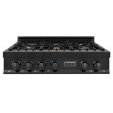 ZLINE 4-Piece Appliance Package - 36-Inch Rangetop with Brass Burners, Refrigerator, 30-Inch Electric Wall Oven, and 30-Inch Microwave Oven in Black Stainless Steel (4KPR-RTB36-MWAWS)