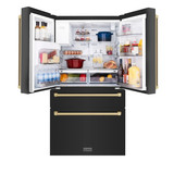 ZLINE 4-Piece Appliance Package - 36-Inch Gas Range, Hood, Refrigerator with Water Dispenser, and Dishwasher in Black Stainless Steel with Champagne Bronze Accents