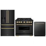ZLINE 3-Piece Appliance Package - 36-Inch Dual Fuel Range, Refrigerator with Water Dispenser, and Dishwasher in Black Stainless Steel with Champagne Bronze Accents