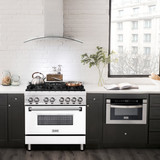 ZLINE 2-Piece Appliance Package - 36-inch Dual Fuel Range with White Matte Door and Convertible Vent Range Hood in Stainless Steel (2KP-RAWMRH36)