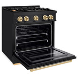 ZLINE 4-Piece Appliance Package - 30-Inch Gas Range, Hood, Refrigerator with Water Dispenser, and Dishwasher in Black Stainless Steel with Gold Accents