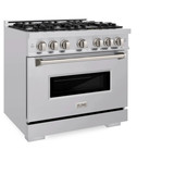 ZLINE 4-Piece Appliance Package - 36-Inch Gas Range, Hood, Refrigerator with Water Dispenser, and Dishwasher in Stainless Steel