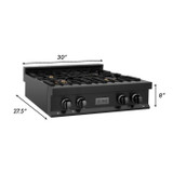 ZLINE 4-Piece Appliance Package - 30-Inch Rangetop with Brass Burners, Refrigerator, 30-Inch Electric Wall Oven, and 30-Inch Microwave Oven in Black Stainless Steel (4KPR-RTB30-MWAWS)