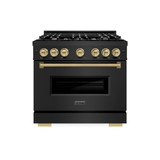 ZLINE 3-Piece Appliance Package - 36-Inch Gas Range, Refrigerator, and Dishwasher in Black Stainless Steel with Champagne Bronze Accents