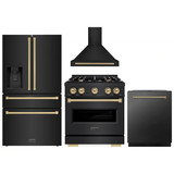 ZLINE 4-Piece Appliance Package - 30-Inch Dual Fuel Range, Hood, Refrigerator with Water Dispenser, and Dishwasher in Black Stainless Steel with Champagne Bronze Accents