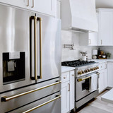 ZLINE 4-Piece Appliance Package - 30-Inch Gas Range, Hood, Refrigerator with Water Dispenser, and Dishwasher in Stainless Steel with Champagne Bronze Accents