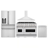 ZLINE 4-Piece Appliance Package - 48-Inch Gas Range, Hood, Refrigerator with Water Dispenser, and Dishwasher in Stainless Steel