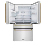 ZLINE 4-Piece Appliance Package - 48-Inch Gas Range, Hood, Refrigerator with Water Dispenser, and Dishwasher in Stainless Steel with Champagne Bronze Accents