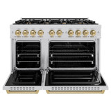 ZLINE 4-Piece Appliance Package - 48-Inch Gas Range, Hood, Refrigerator with Water Dispenser, and Dishwasher in Stainless Steel with Champagne Bronze Accents