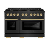 ZLINE 5-Piece Appliance Package - 48-Inch Paramount Gas Range, Wall Mount Range Hood, 36-Inch French Door Refrigerator with Water Dispenser, Dishwasher, and 24-Inch Microwave Drawer in Black Stainless Steel with Champagne Bronze Accents
