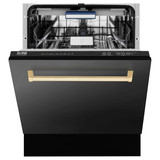 ZLINE 3-Piece Appliance Package - 36-Inch Paramount Dual Fuel Range, 36-Inch French Door Refrigerator with Water Dispenser, Dishwasher, in Black Stainless Steel with Gold Accents
