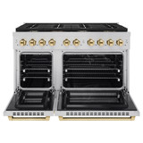 ZLINE 5-Piece Appliance Package - 48-Inch Paramount Dual Fuel Range, Wall Mount Range Hood, 36-Inch French Door Refrigerator with Water Dispenser, Dishwasher, and 30-Inch Microwave Drawer in Stainless Steel with Gold Accents