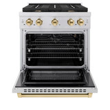 ZLINE 4-Piece Appliance Package - 30-Inch Paramount Autograph Gas Range, Wall Mount Range Hood, 36-Inch French Door Refrigerator, Dishwasher, in Stainless Steel with Gold Accents