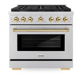 ZLINE 5-Piece Appliance Package - 36-Inch Paramount Dual Fuel Range, Wall Mount Range Hood, 36-Inch French Door Refrigerator with Water Dispenser, Dishwasher, and 30-Inch Microwave Drawer in Stainless Steel with Gold Accents