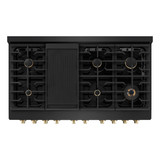 ZLINE 5-Piece Appliance Package - 48-Inch Paramount Dual Fuel Range, Wall Mount Range Hood, 36-Inch French Door Refrigerator, Dishwasher, and 30-Inch Microwave Drawer in Black Stainless Steel with Gold Accents