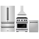 ZLINE 4-Piece Appliance Package - 30-Inch Paramount Autograph Dual Fuel Range, Wall Mount Range Hood, 36-Inch French Door Refrigerator, Dishwasher, in Stainless Steel with Matte Black Accents
