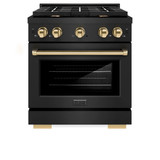 ZLINE 4-Piece Appliance Package - 30-Inch Paramount Dual Fuel Range, Wall Mount Range Hood, 36-Inch French Door Refrigerator, Dishwasher, in Black Stainless Steel with Gold Accents
