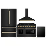 ZLINE 4-Piece Appliance Package - 48-Inch Paramount Gas Range, Wall Mount Range Hood, 36-Inch French Door Refrigerator, Dishwasher, in Black Stainless Steel with Gold Accents