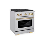 ZLINE 5-Piece Appliance Package - 30-Inch Paramount Autograph Gas Range, Wall Mount Range Hood, 36-Inch French Door Refrigerator with Water Dispenser, Dishwasher, and 24-Inch Microwave Drawer in Stainless Steel with Gold Accents