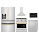 ZLINE 5-Piece Appliance Package - 30-Inch Paramount Autograph Gas Range, Wall Mount Range Hood, 36-Inch French Door Refrigerator with Water Dispenser, Dishwasher, and 24-Inch Microwave Drawer in Stainless Steel with Gold Accents