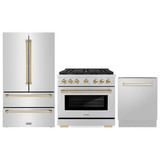 ZLINE 3-Piece Appliance Package - 36-Inch Paramount Autograph Gas Range, 36-Inch French Door Refrigerator, Dishwasher, in Stainless Steel with Gold Accents