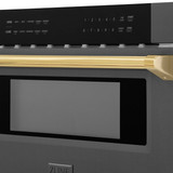 ZLINE 5-Piece Appliance Package - 30-Inch Paramount Dual Fuel Range, Wall Mount Range Hood, 36-Inch French Door Refrigerator with Water Dispenser, Dishwasher, and 30-Inch Microwave Drawer in Black Stainless Steel with Gold Accents