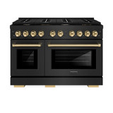 ZLINE 5-Piece Appliance Package - 48-Inch Paramount Gas Range, Wall Mount Range Hood, 36-Inch French Door Refrigerator with Water Dispenser, Dishwasher, and 30-Inch Microwave Drawer in Black Stainless Steel with Gold Accents