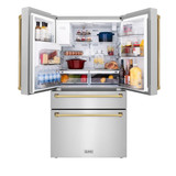 ZLINE 5-Piece Appliance Package - 36-Inch Paramount Autograph Dual Fuel Range, Wall Mount Range Hood, 36-Inch French Door Refrigerator with Water Dispenser, Dishwasher, and 24-Inch Microwave Drawer in Stainless Steel with Gold Accents